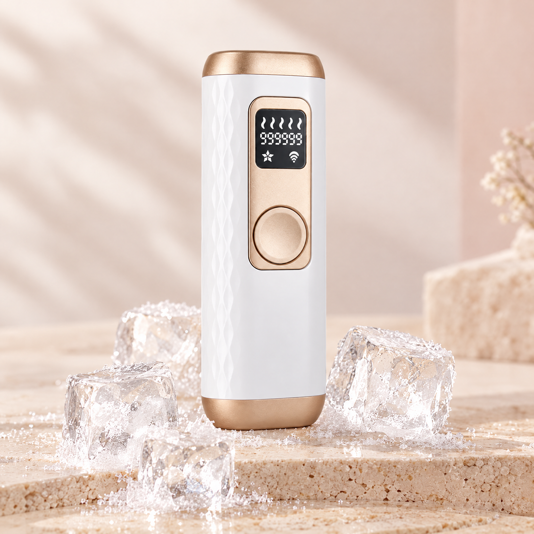 AKASHA IPL hair removal device with ice cooling, surrounded by ice
