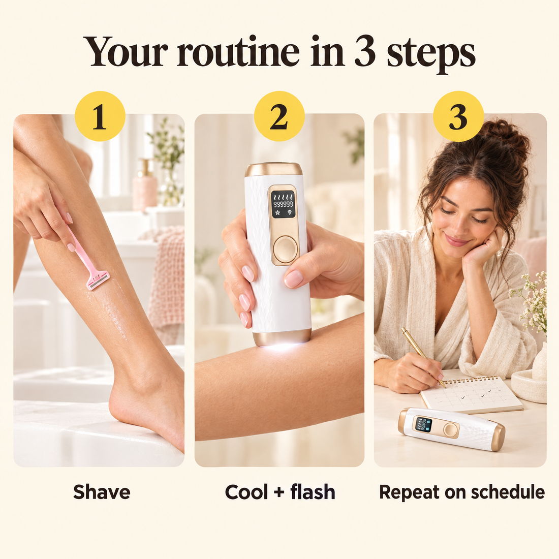 Your IPL routine in 3 steps: shave, cool and flash, repeat on schedule