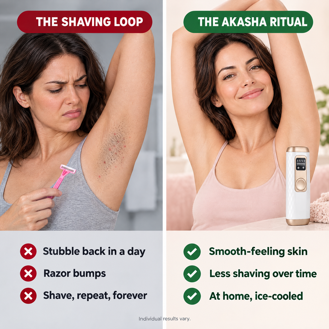 The shaving loop vs the AKASHA ritual: underarm stubble and razor bumps vs smooth-feeling skin