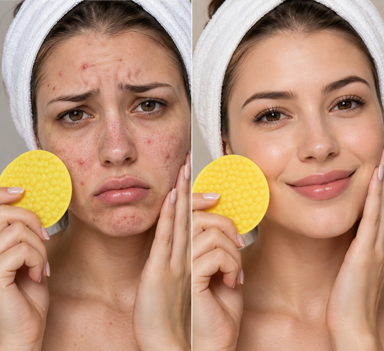 Woman using the AKASHA kojic acid pad on her cheek