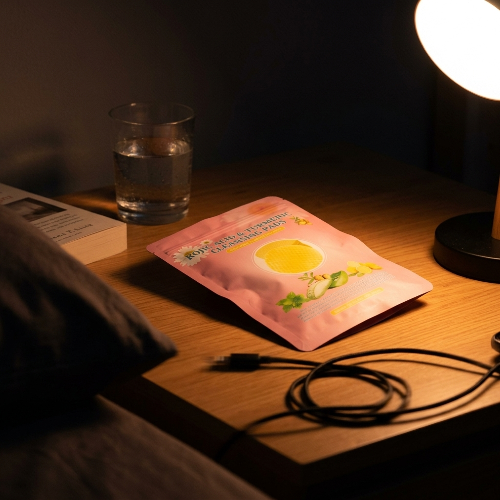 The pouch on a bedside table at night